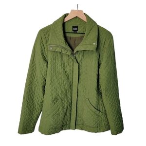 Eileen Fisher Quilted Jacket 100% Silk Green‎ Zip Front Pockets Size S